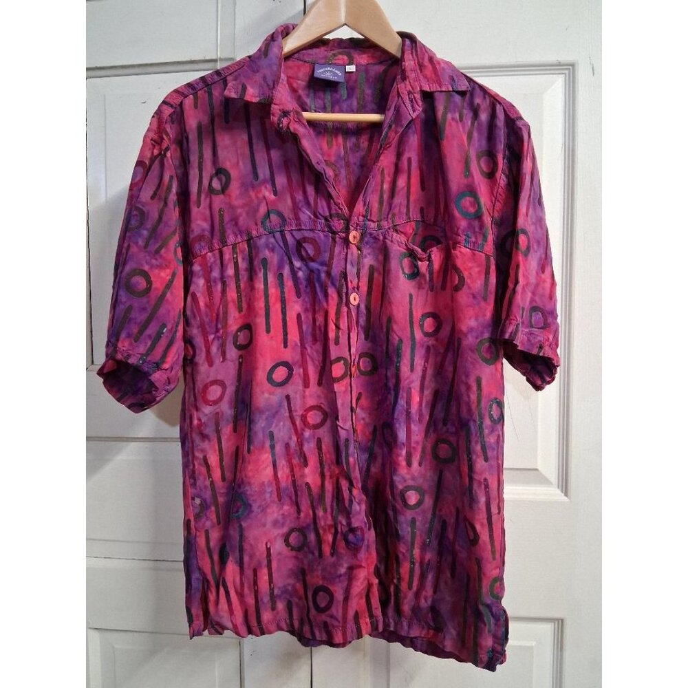 Vintage Earthroamer Imports Mens Button-Up Shirt L Tie-Dye Abstract Purple/Pink